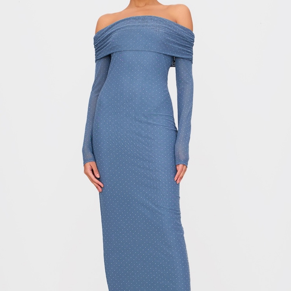 STEEL BLUE DIAMANTE BARDOT LONG SLEEVE FLARE SLEEVE MAXI DRESS
